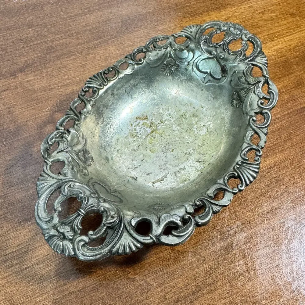 Antique Art Nouveau Silverplate Pierced Bon Bon Bread Tray Floral Openwork 7